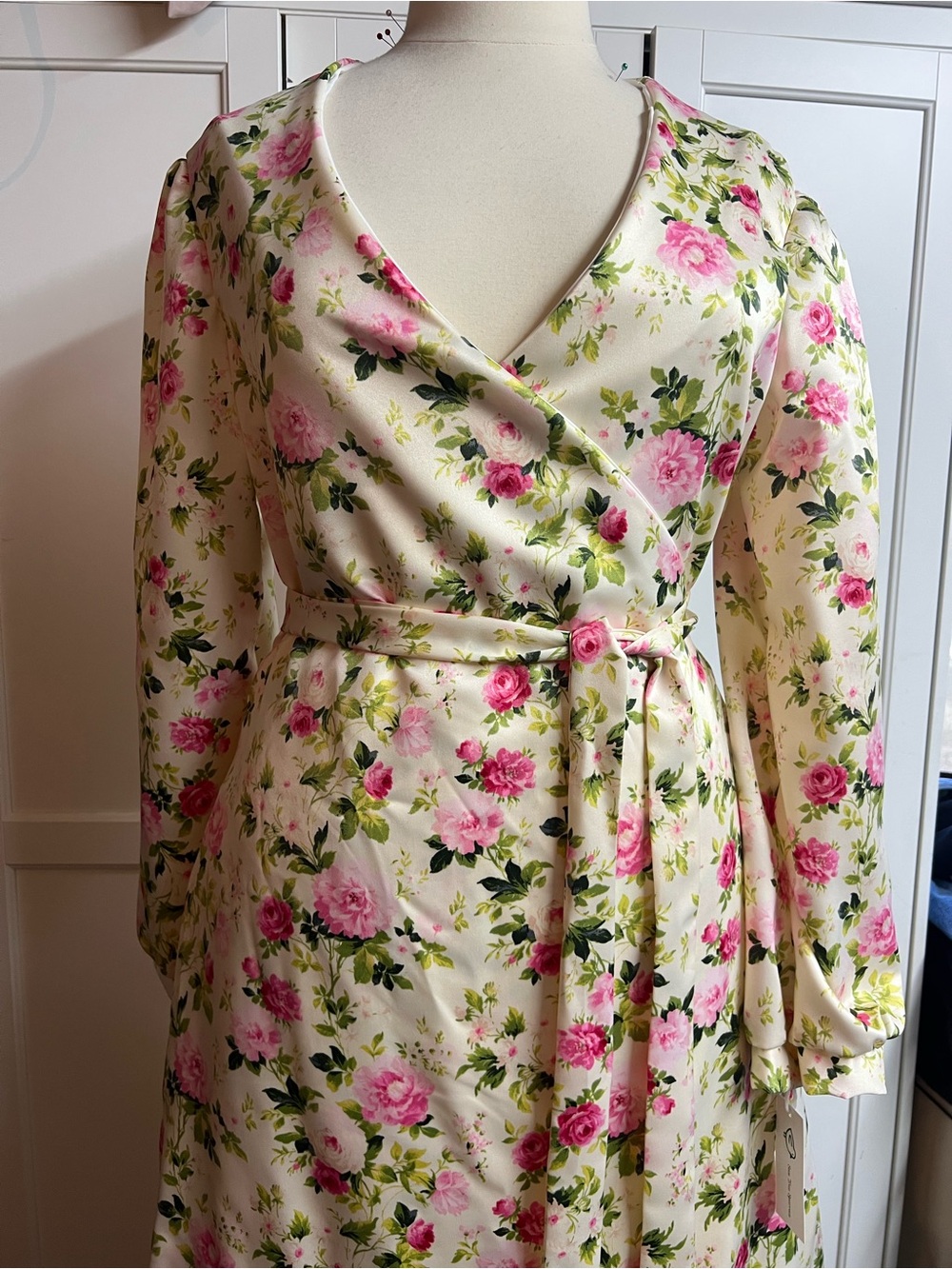 Pink Floral Wrap Dress on Cream with Self-Tie Waist